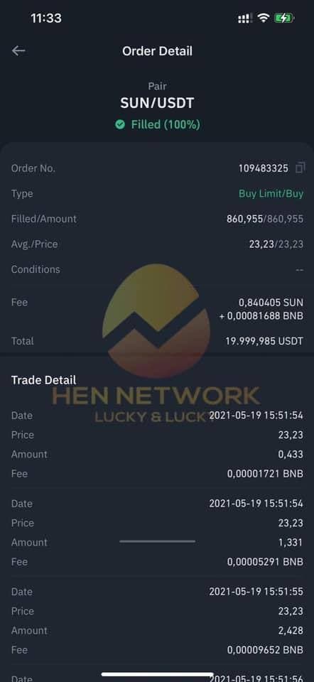 Lệnh mua Sun lần 1: 19.999 USDT, ngày 19/05/2021